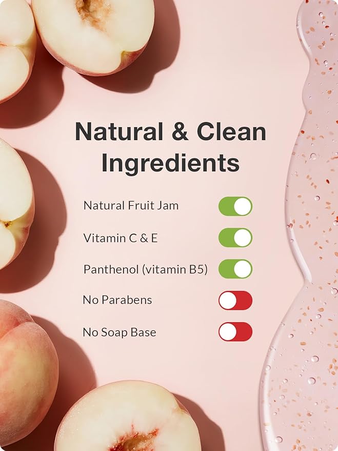 Kustie Peach Body Wash – Jam Texture Shower Gel with Real Peach Extract Strawberry Seeds &amp Aloe Gentle Exfoliating &amp Moisturizing Cleanser for Dry &amp Sensitive Skin Sweet Fruity Scent 1