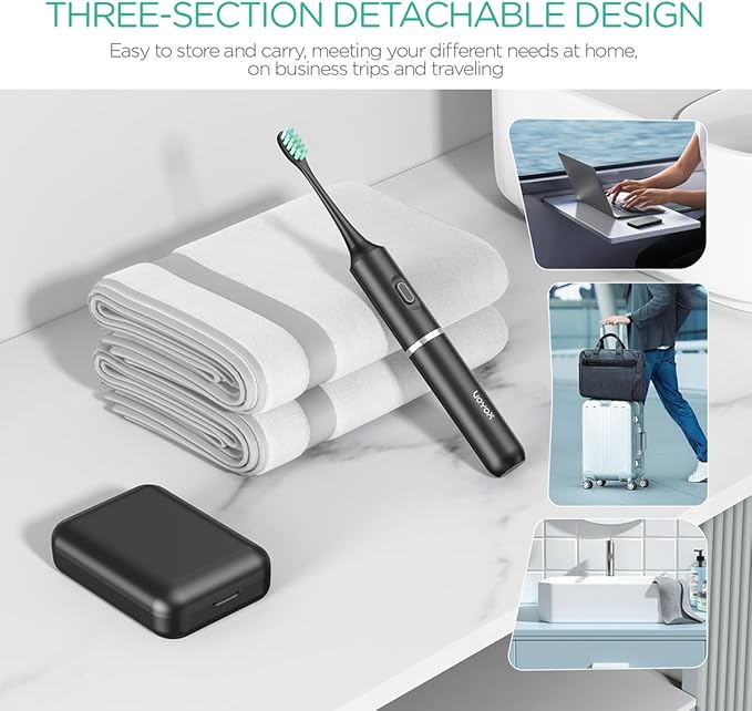 VOYOR-Health Travel Electric Toothbrush Rechargeable Toothbrushes for Adults Portable Sonic Toothbrush with 5 Modes Three-Section Detachable Design with Travel Case ET410 (Black)