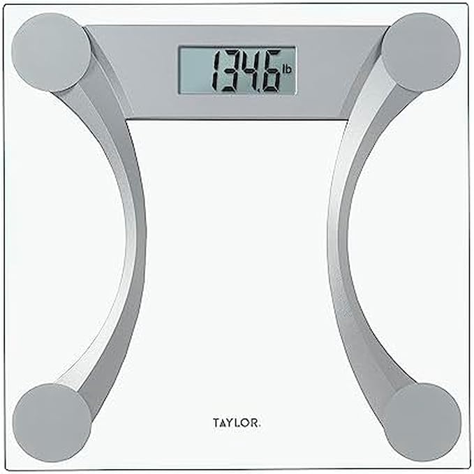 Taylor 400 Lb. Capacity Clear Glass Digital Bathroom Scale with Metallic Accents 11.8-inch x 11.8-inch Platform Silver