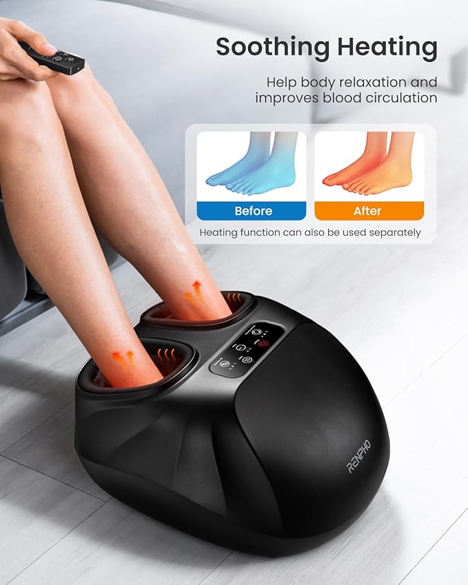 RENPHO Foot Massager Machine with Heat [2026 Upgraded] Shiatsu Foot Massager for Neuropathy Plantar Fasciitis Massager for Men Women Up to Size 14 FSA Eligible HSA Store Eligible Massager Black