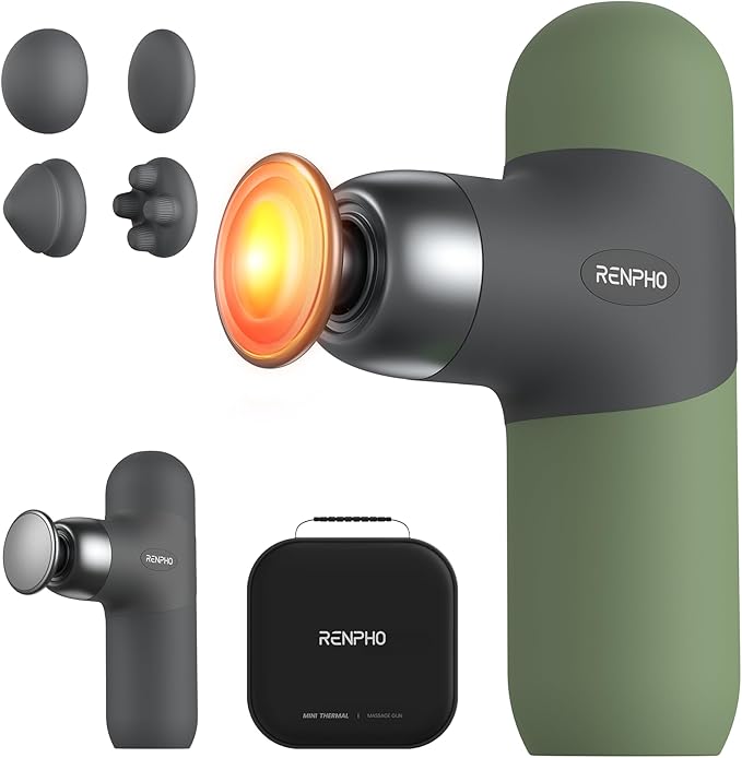 RENPHO Mini Thermal Massage Gun with Heat Portable Deep Tissue Percussion Massager with 4 Heads for Neck &amp Back Comfort Ultra-Quiet Operation for Home Office &amp Travel Includes Compact Carr