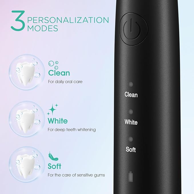 VOYOR-HEALTH Sonic Electric Toothbrush for AdultsTooth Brushes with 6 Brush Heads70-Day Battery LifeIPX7 Waterproof Rechargeable Travel Toothbrushes with 3 Modes for Family Use ET110(Black)