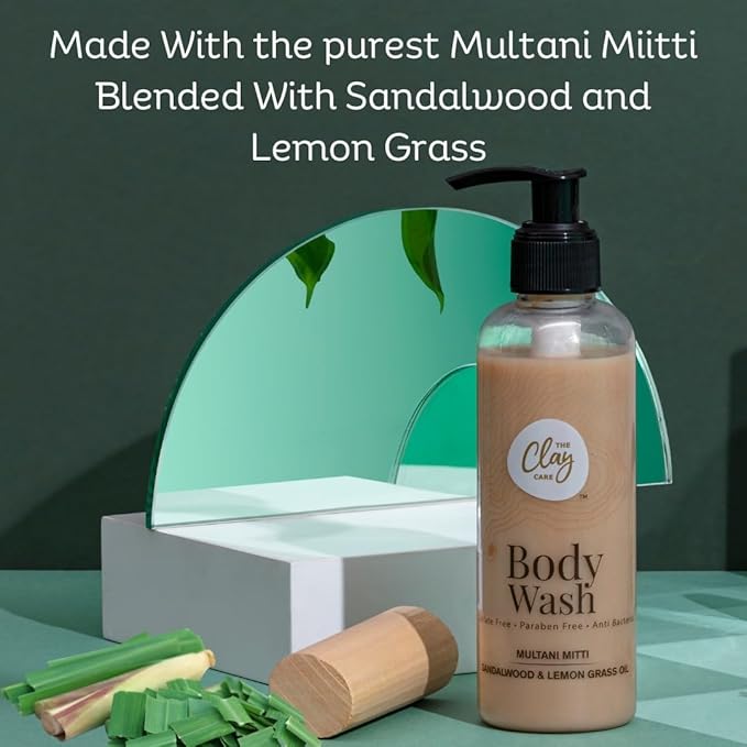 The Clay Care Natural Multani Mitti Body Wash with Sandalwood and Lemon Grass Oil Paraben Free Sulfate Free Vegan 200ml
