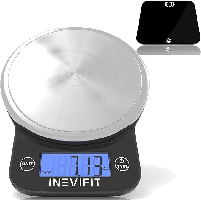 INEVIFIT Bathroom Scale &amp Digital Kitchen Scale Fitness Bundle Complete Body Composition and Nutrition Tracking Solution with Batteries Included