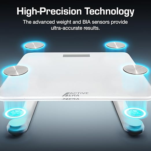 Active Era Digital Bathroom Bluetooth Scales Weight and Body Fat - Fit Track Scale Calculates BMI Body Fat Percentage Muscle Mass - Apple Health Google Fit &amp Fitbit Compatibility (White)