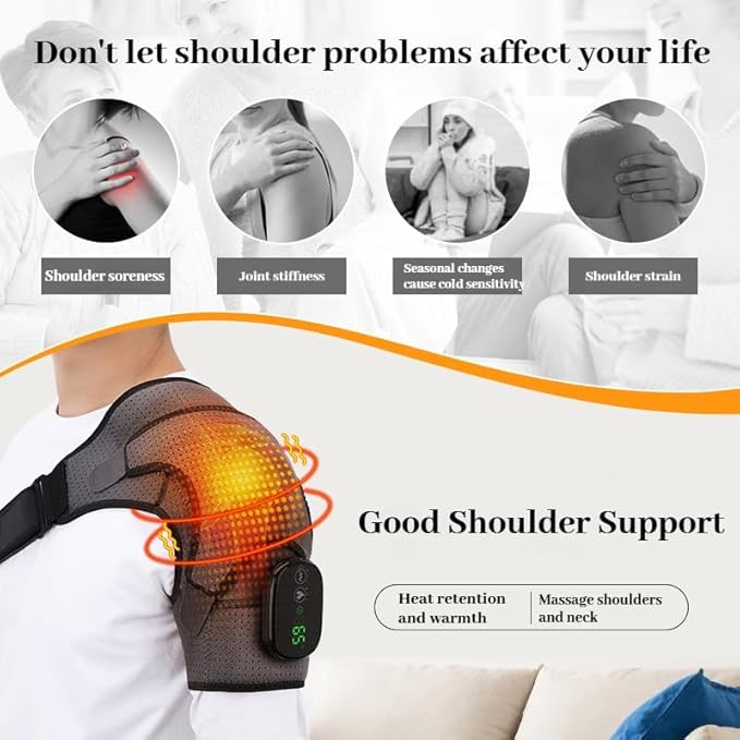 Shoulder Massager – Cordless Shoulder Heating Pad with Vibration for Deep Tissue Comfort Heated Shoulder Wrap with 3 Heating Levels &amp Vibration Adjustable Straps Left or Right (Gray)