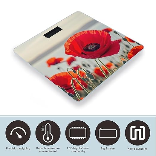 Red Poppy Flower Smart Scale for Body Weight Accurate Bathroom Scale with LED Display Digital Weight Scales Weighing Machine High Precision Scales for Bath Home