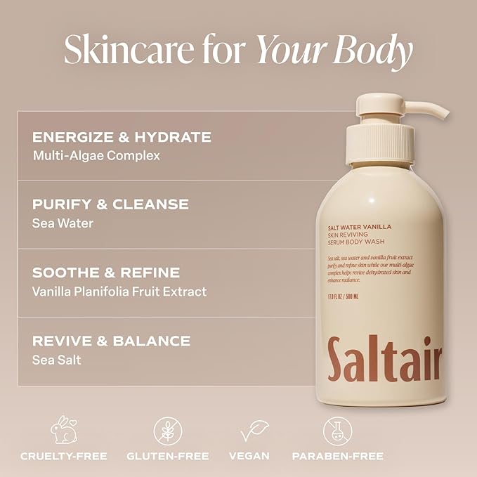 Saltair Body Oil and 2-Pack Body Wash Set – Moisturizing Cleanser and After-Shower Skincare Duo – Salt Water Vanilla Scent