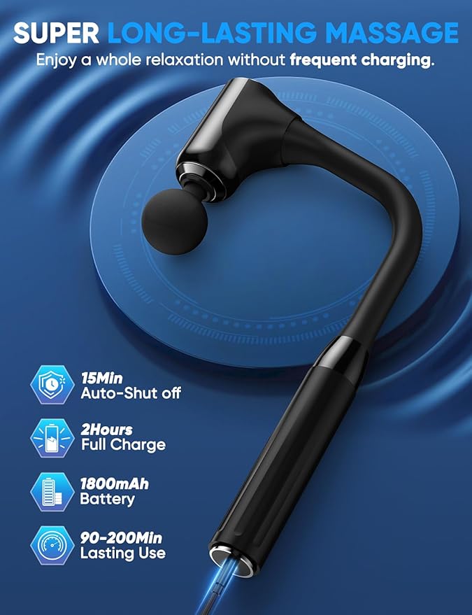 Massage Gun Deep Tissue - Back Massager for Pain Relief Deep Tissue with Extended Handle 12MM Percussion Less-Shock Neck/Foot/Leg/Shoulder Massager Infinitely Adjustable Speed &amp 4 Replaceable He