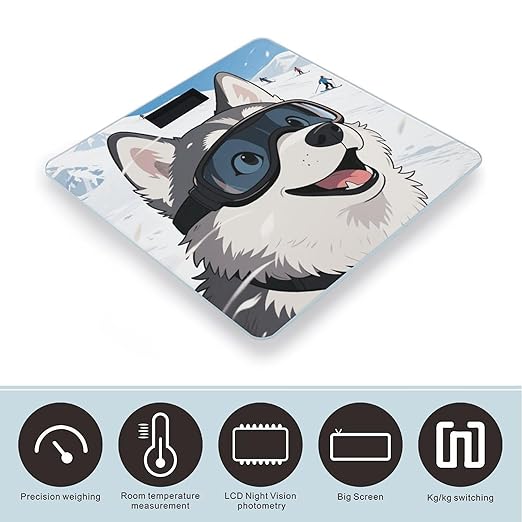 Husky on Snow Weight Scale Cute Bathroom Scale for Body Highly Accurate Digital Weighing Machine for People Compact LCD Display Scales with Sturdy Toughened Glass Scales