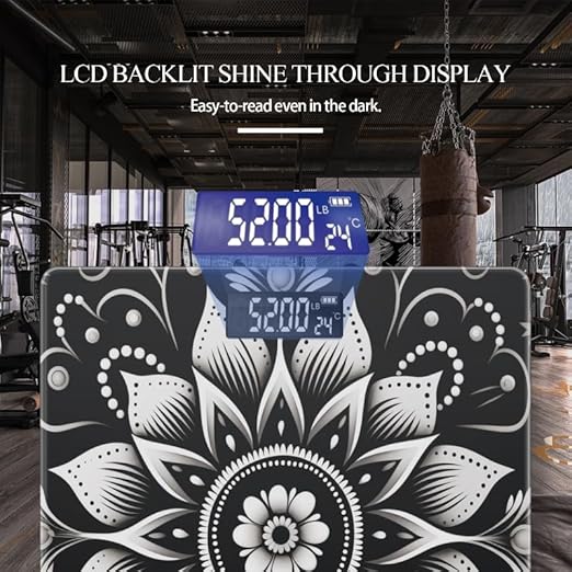 Digital Scale for Body Weight Highly Precision Bathroom Weight Scale 400 lbs with Backlit Display Personalized Scale for Home-Black and White Mandala with Intricate Floral Design
