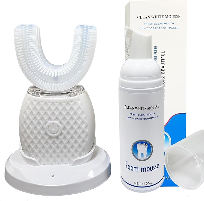 U-Shaped Automatic Ultrasonic Toothbrush 360° Electric Toothbrush for Adults for Teeth Whitening Rechargeable Ultrasonic Tooth Brush for Travel Home Dual-use (White 1)