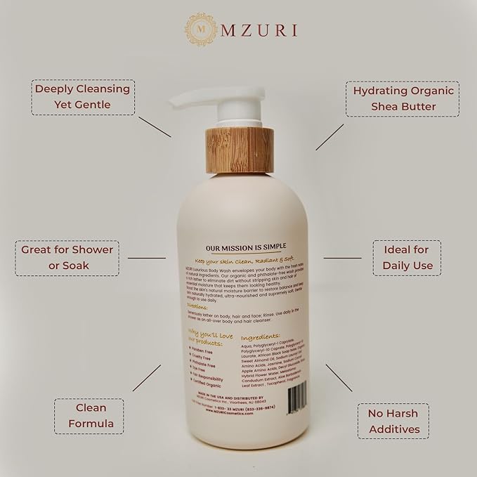 MZURI Unscented Body Wash African Black Soap Organic Shea Butter and Calendula Moisturizing Hydrating and Gentle Formula for Dry Sensitive Skin Paraben-Free Luxury Body Wash - 16 Fl. Oz