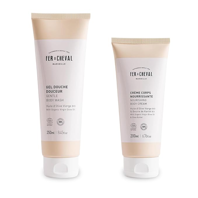 Fer a Cheval Nourishing Body Cream and Gentle Body Wash Set 200 ml / 6.76 fl oz Organic Olive Oil and Shea Butter Hypoallergenic COSMO Nat Certified
