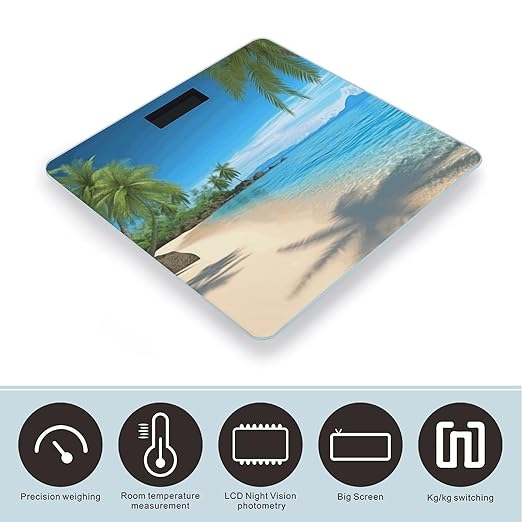 Hawaiian Beach with Palm Trees Scale for Body Weight High Precision Digital Weight Scales with LCD Display Anti-Slip Sturdy Slim Tempered Glass Bathroom Scale for Home Use