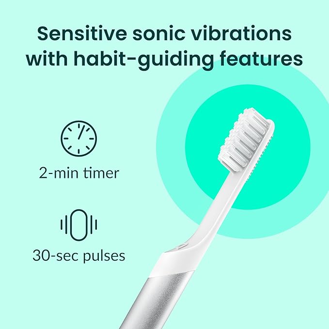 Quip Metal Sonic Electric Toothbrush for Adults - Time Travel &amp Soft Bristles with Travel Case &amp Replacement Brush Head - 3 Month Battery Life Silver