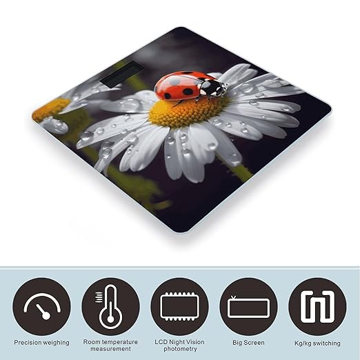 Ladybug on Daisy FlowerScale for Body Weight with LCD High Precision Weighing Scales Fashion Sturdy Tempered Glass Weight Scales Easy-to-Read Digital Bathroom Scale for Daily 400lb