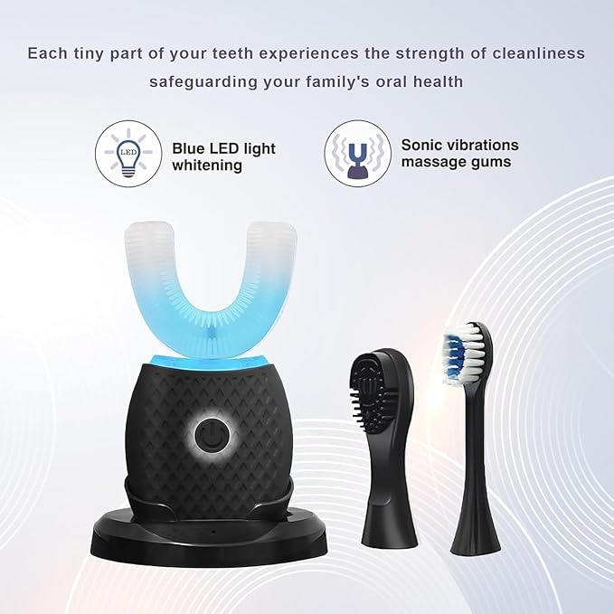 Smart U-Shaped Ultrasonic Toothbrush for Adults: 360° Full Mouth Cleaning with Auto Rotation Smart Pressure Sensor &amp LED Light Includes Foam Mousse 4 Brush Heads and Charging Base (black)