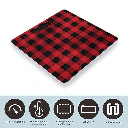 Red Black Buffalo Check Plaid Pattern Bathroom Scale for Body Weight LCD Display Digital Bathroom Scale Tempered Glass Bathroom Weight Scales Fashion Smart Scales for Home Bedroom 400 Lb