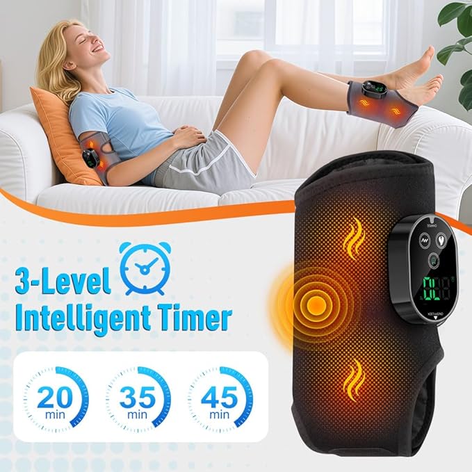 Ankle Massager3-in-1 Wearable Hot &amp Vibration Massager for Feet Ankles and Arms | Reusable Heating Pad Brace for Home Recovery (Black)