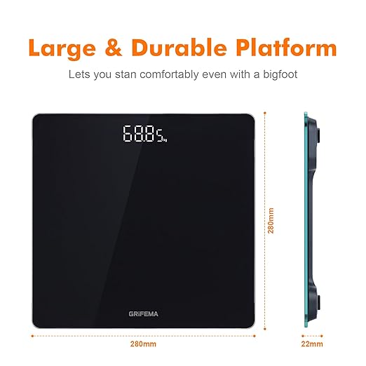 GRIFEMA GA2001-28 Digital Bathroom Scale with Large LED Display 5 mm Tempered Glass Platform 180 kg / 400 lb 28 x28 cm Slim Design Black