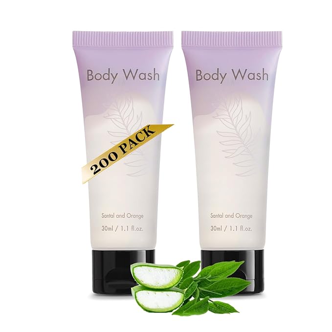 Leak-Proof Travel Size Body Wash 1 Oz Each Pack of 200 Bulk Pack Santal and Orange Scent Hotel Body Wash Amenities and Toilteries for Hospitality