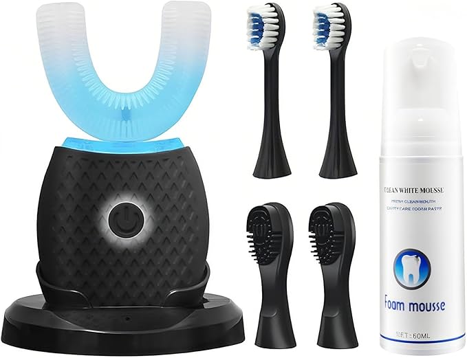 Smart U-Shaped Ultrasonic Toothbrush for Adults: 360° Full Mouth Cleaning with Auto Rotation Smart Pressure Sensor &amp LED Light Includes Foam Mousse 4 Brush Heads and Charging Base (black)