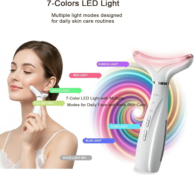 Face and Neck Massager 7-Color LED Light Beauty Tool with Heat and Vibration for Daily Skin Care at Home