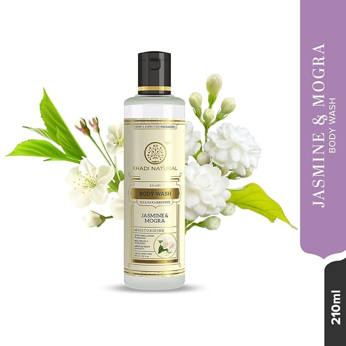 Khadi Natural Jasmine &amp Mongra Herbal Body Wash | Body Wash for Soft Skin | Hydrating Shower Gel with Pleasing Fragrance | SLS &amp Paraben Free | Suitable for All Skin Types | (210ml)