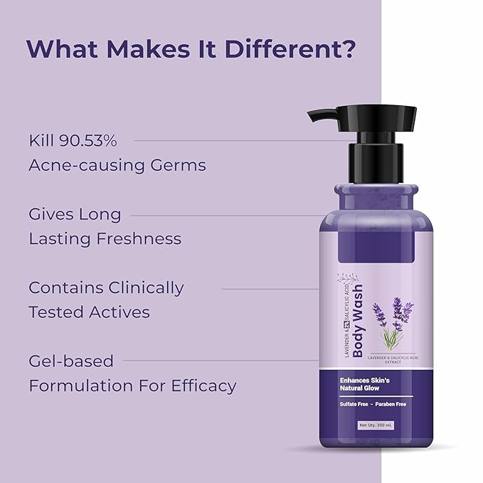 VK Lavender &amp 2% Salicylic Acid Body Wash | Prevents Body Acne Bumpy skin | Exfoliates &amp Deep cleanses skin | Calming &amp Relaxing | Paraben &amp SLS free | Shower Gel for Men and Women |
