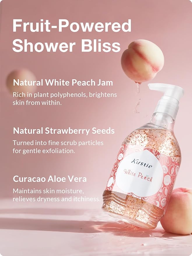 Kustie Peach Body Wash – Jam Texture Shower Gel with Real Peach Extract Strawberry Seeds &amp Aloe Gentle Exfoliating &amp Moisturizing Cleanser for Dry &amp Sensitive Skin Sweet Fruity Scent 1