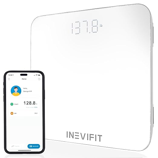INEVIFIT Smart Bathroom Scale Highly Accurate Bluetooth Digital Bathroom Body Weight Scale Precisely Measures Weight &amp BMI for Unlimited Users (S-White)