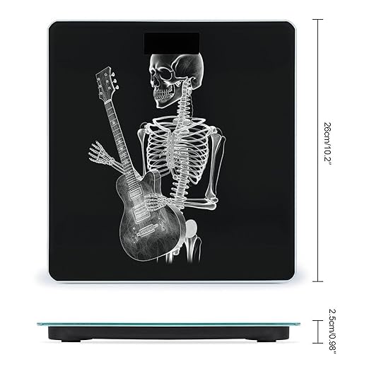 Abstract X-ray Skull Skeleton Playing Guitar Scale for Body Weight Safe Rounded Corners Tempered Glass Digital Bathroom Scale LED Display 400lb Capacity Weight Scales with High Precision Sensors