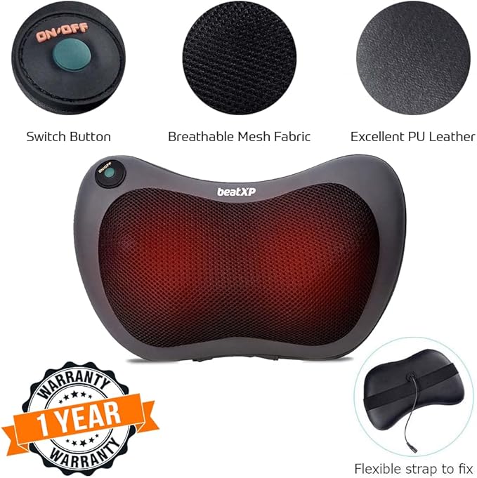 beatXP Deep Heal Pillow Shiatsua Infrared Heat Therapy Massager with 3 Mode Settings Deep Tissue Massager for Shoulder Neck and Back Pain Relief with Corded Electric