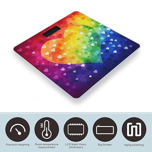 Colorful Rainbow Love Heart Weight Scale Large Bathroom Scales Digital Weight with Bright LED Display Non Slip Automatic Weighing Scale Fashion Weighing Machine for Body