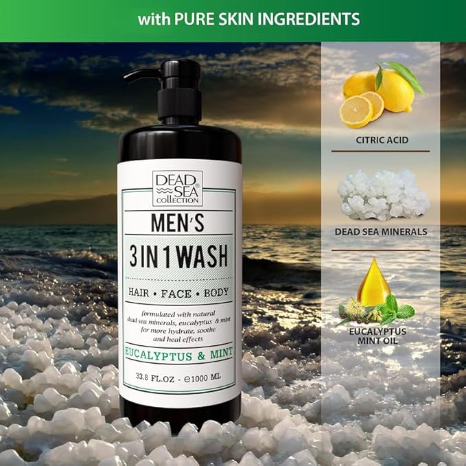 Dead Sea Collection Eucalyptus Mint Men’s Body Wash – 3 in 1 Body Wash for Men for Hair Face &amp Body – Moisturizing Shower Gel with Dead Sea Minerals – Pack of 2 (33.8 fl oz each)