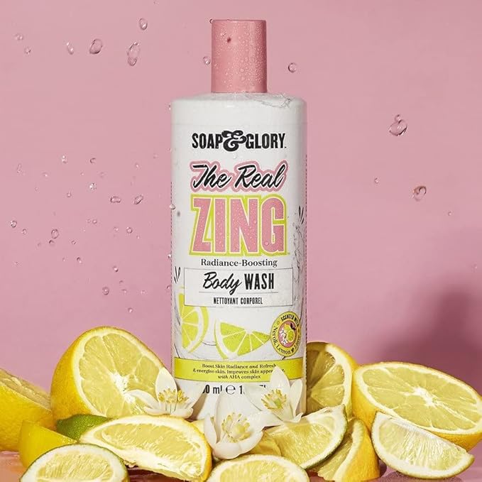 Soap &amp Glory The Real Zing Radiance Boosting Body Wash - Hydrating Body Wash with AHAs - Citrus Scented Moisturizing Body Wash for a Healthy Glow (500ml)