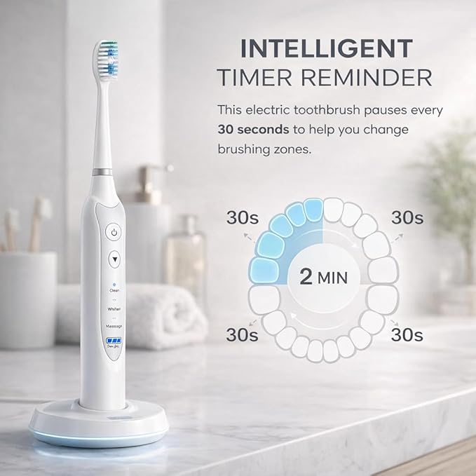Sonic Electric Toothbrush with 5 Toothbrush Replacement Heads travel case 3 Brushing Modes &amp 2 Minutes Built-in Timer Travel Toothbrushes with Inductive Charging Rechargeable toothbrush | Whit