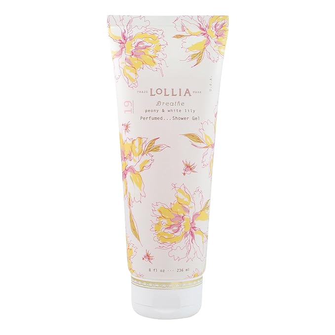 LOLLIA Breathe Shower Gel 8 fl oz Peony &amp White Lily Luxury Shea Moisture Hydrating Women's Body Wash Delicate &amp Relaxing Scented Bath Soap for Self Care