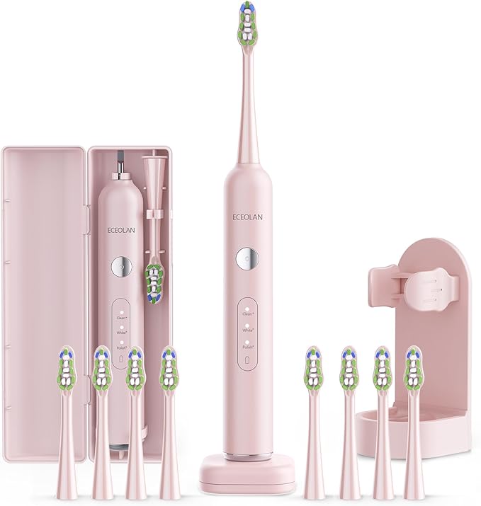 Electric Toothbrush for Adults Rechargeable Sonic Toothbrush IPX7 Waterproof Travel Toothbrush Set with Case 8 Brush Heads Charger 2-Min Smart Timer One Charge Last 60 Days(Pink Black)