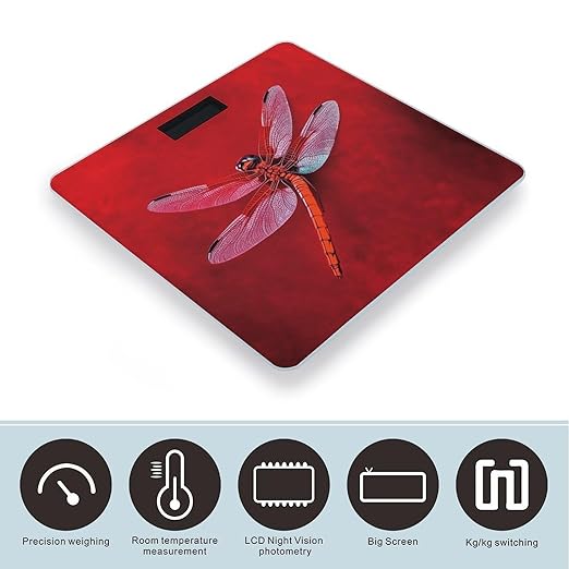 Dragonfly on Red Background Bathroom Scale Large LCD Backlight Display Digital Scale Rounded Corners Body Scales Automatic Power On/Off Bathroom Scales for Home Bedrooms