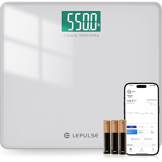LEPULSE 550lb Bathroom Digital Scale for Body Weight BMI Extra Wide Platform High Capacity Large Backlit Display Most Accurate Bathroom Scale up to 550 lbs Weight Scale with APP 8mm Tempered Glass