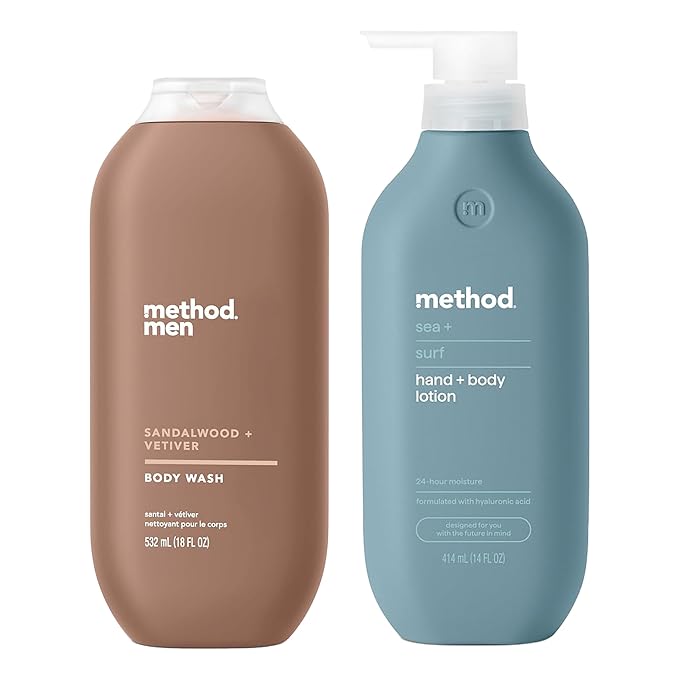 Bundle of Method Sandalwood + Vetiver Body Wash 18 oz (Pack of 1) + Method Sea + Surf Body Lotion 14 oz (Pack of 1)