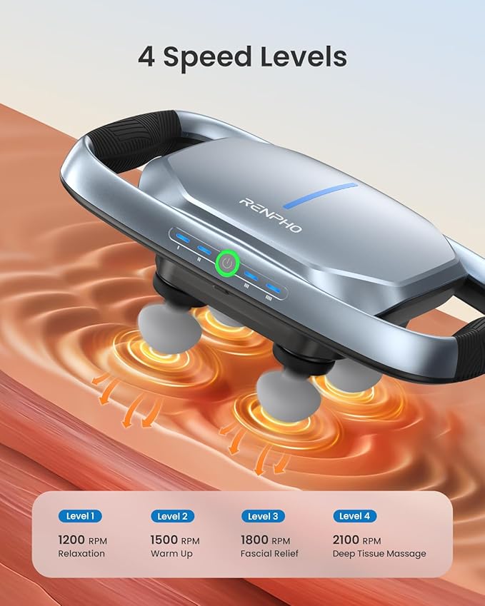 RENPHO Massage Gun Deep Tissue Handheld Neck Massager with Replaceable 4-Head and Plate Muscle Percussion Massage Tool for Neck Back Back Massager for Women Men Quad HSA Approved