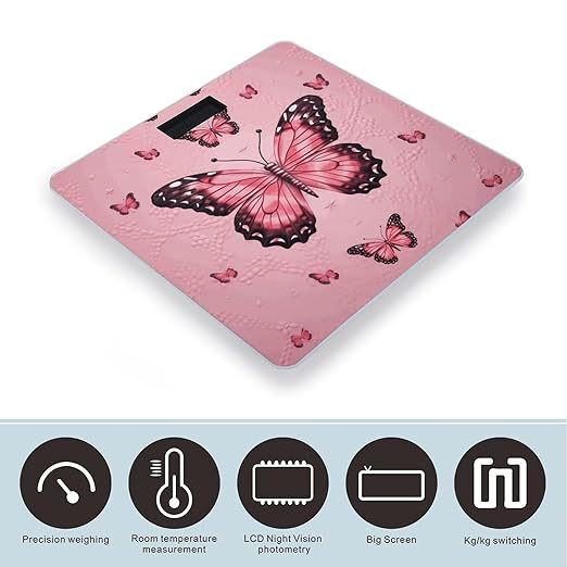 Butterfly Pink Digital Bathroom Scale Fashion Unique Weight Scale BMI Anti-Slip Precision Weighing Scales Suitable for Home Bedrooms Use and Gift