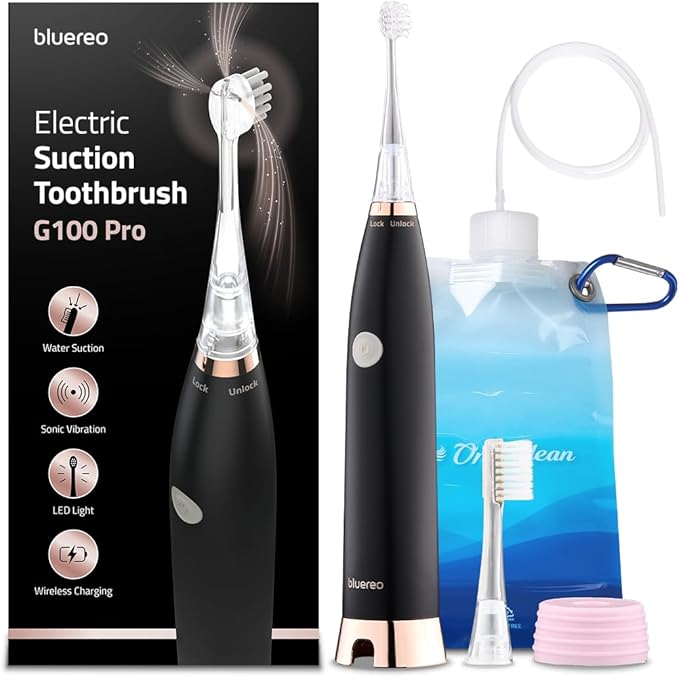 Bluereo G100 Pro Electric Suction Toothbrush with Built-in Oral Suction Sonic Vibration LED Light Portable for Dysphagia &amp Aspiration (Black/Rose Gold)