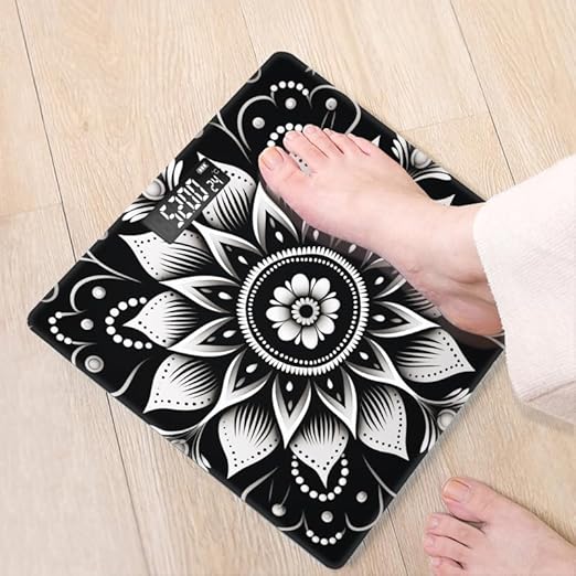 Digital Scale for Body Weight Highly Precision Bathroom Weight Scale 400 lbs with Backlit Display Personalized Scale for Home-Black and White Mandala with Intricate Floral Design