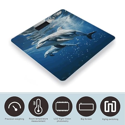 Cute Dolphins Bathroom Scale for Body Weight Bathroom Digital Electronic Weighing Scale with Back Lit LED Display Sturdy Tempered Glass Weight Watchers Scales 400lb