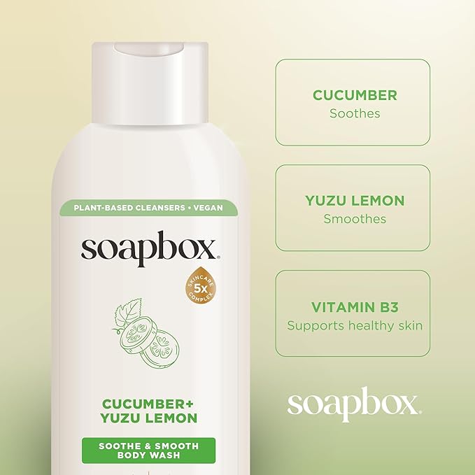 Soapbox Cucumber + Yuzu Lemon Body Wash for Women Men Vegan + Antioxidant Rich Soothing Moisturizing Soap with Shea Butter Peptides &amp Keratin Promoting B3 3 Pack 20oz Each