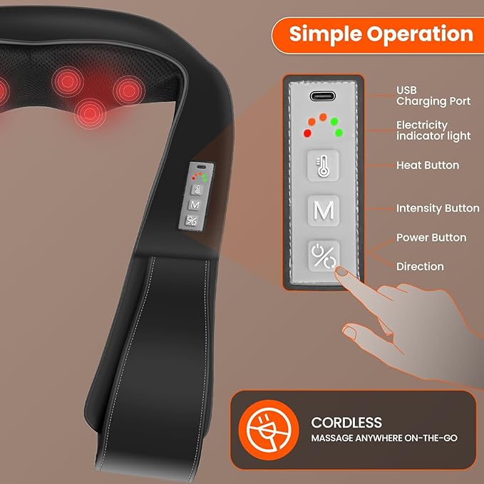 AMZPONY® Cordless Neck Massager for Pain Relief Deep Tissue Rechargeable Shiatsu Neck and Back Massager with Heat Kneading Shoulder Massage for Body Muscle Pain ReliefGifts for Dad Mom Friends